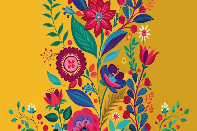 A colorful floral design on a yellow background