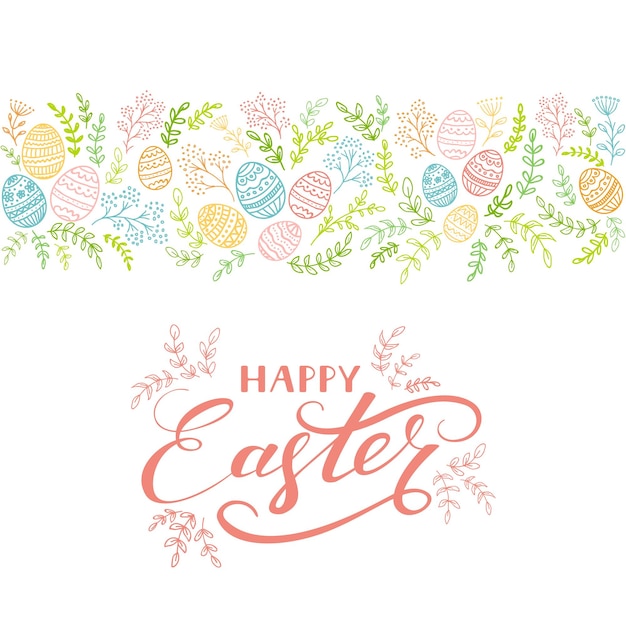 Colorful floral elements with decorative Easter eggs and lettering Happy Easter on white background illustration