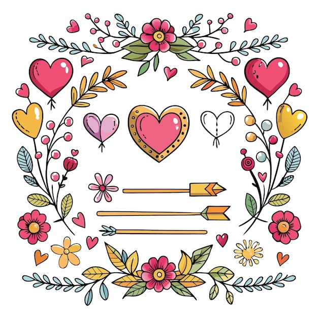 Colorful floral and heart illustrations for romantic themes