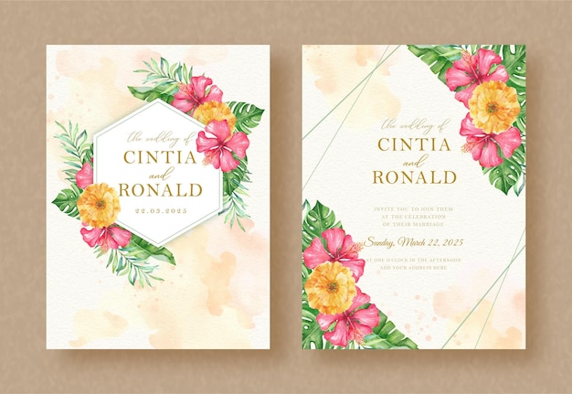 Colorful floral painting ornament with hexagon frame on wedding invitation background