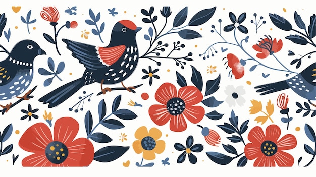 a colorful floral pattern with a bird and flowers