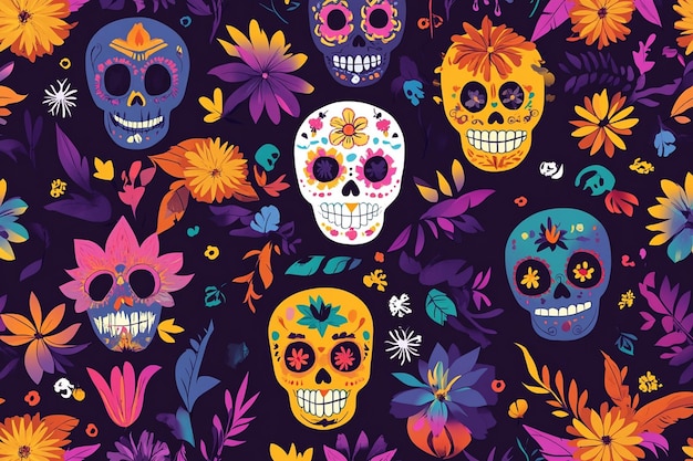 a colorful floral pattern with skulls flowers and flowers