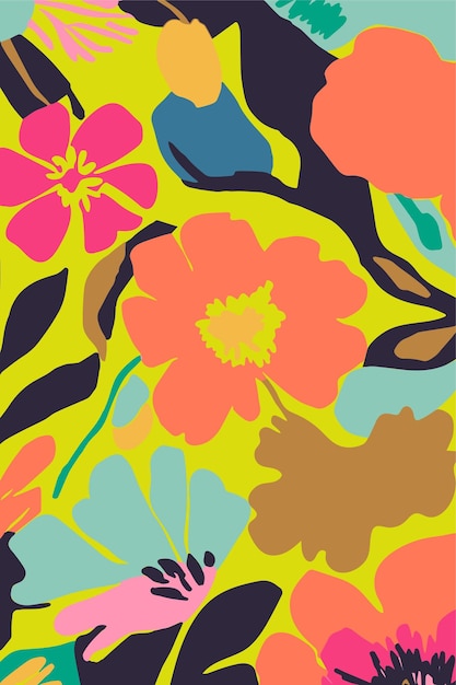 A colorful floral pattern with a tree branch in the middle.