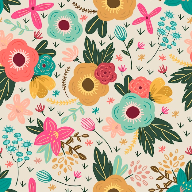 Colorful floral seamless background in doodle style