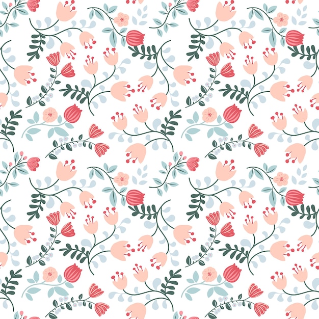 Colorful floral seamless pattern Cute orange pink blue green flowers on white background