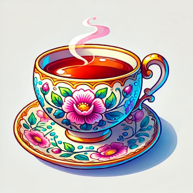 Vector colorful floral teacup with hot tea