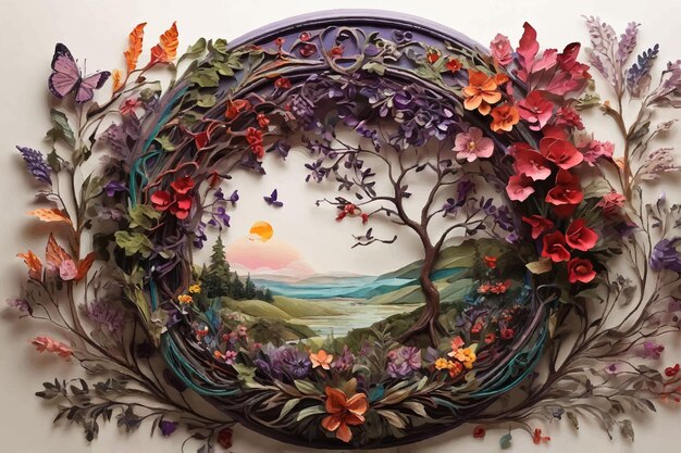 Vector a colorful floral wreath with a tree and a lake in the background