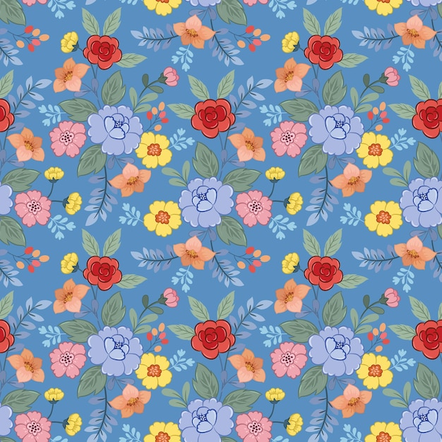 Colorful flower on blue color background seamless pattern for print fabric textile wallpaper