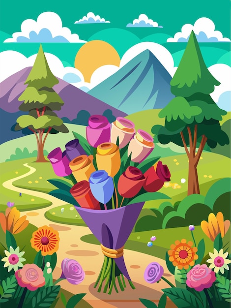 Colorful Flower Bouquet in a Lush Mountain Landscape