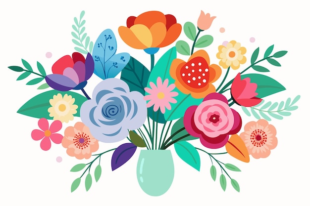 Vector colorful flower bouquet in a teal vase