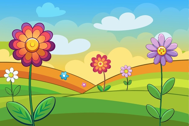 Vector a colorful flower field with a colorful background with a sky background