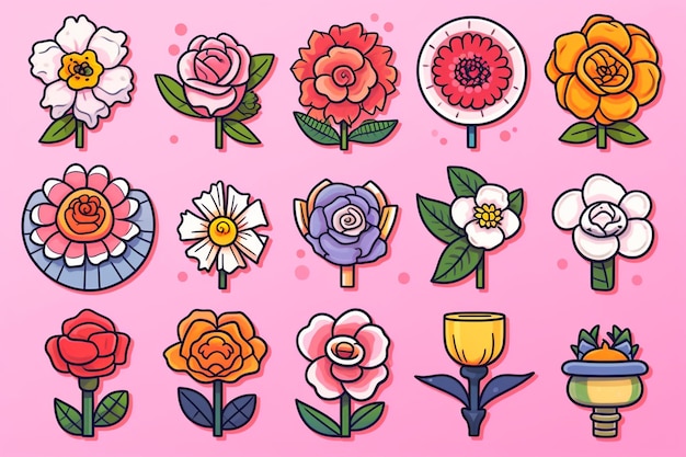 Colorful Flower Icons on Pink Background