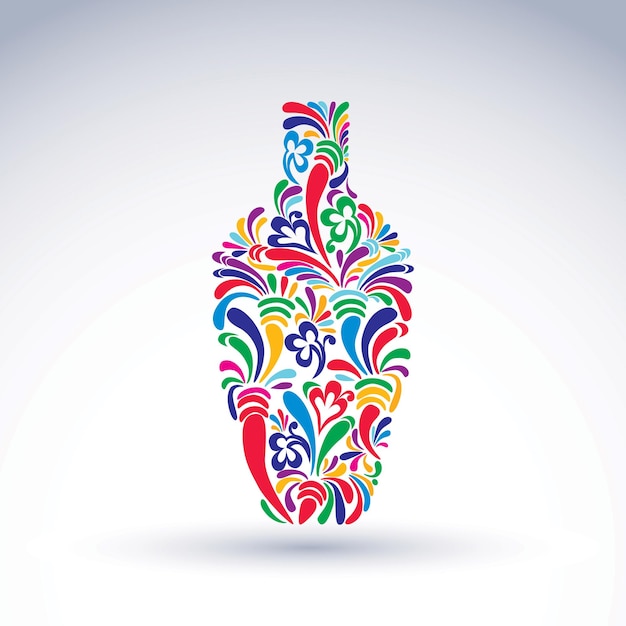 Colorful flower-patterned bottle, alcohol and relaxation concept. Stylized flowery glassware. Graphic abstract vector design object, holiday idea.