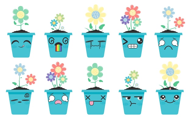 Colorful flower pots with expressive faces Cute emoticon plant vector illustration