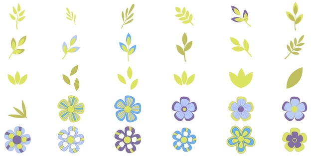 Colorful flowers and leaves flat set