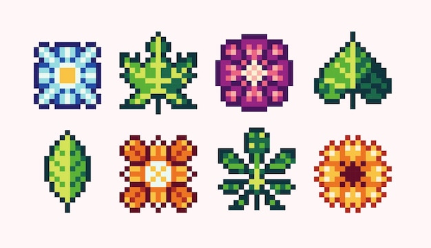 Colorful flowers pixel art set Floweret floret collection