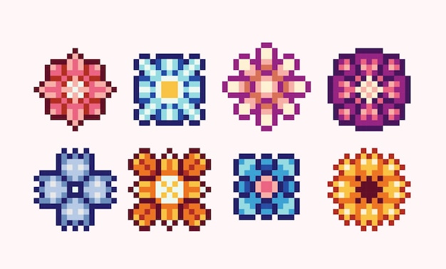 Colorful flowers pixel art set Floweret floret collection