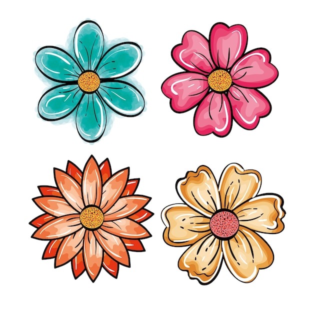 Colorful flowers over white background. Vector illustration.