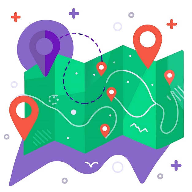 Vector colorful folded map illustration with location markers