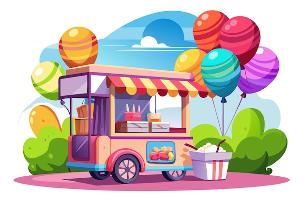 Colorful food cart with balloons and snacks in a park setting