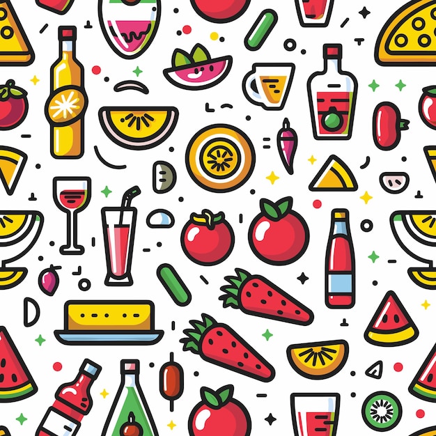 Colorful food and drink seamless pattern vector illustration