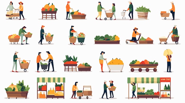 Vector colorful foods market flat icons set illustration