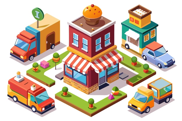 Colorful foodthemed buildings and vehicles in a lively setting