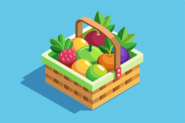 A colorful fruit basket illustration filled with assorted fruits set against a clear blue background Customizable fruit basket illustration in isometric style