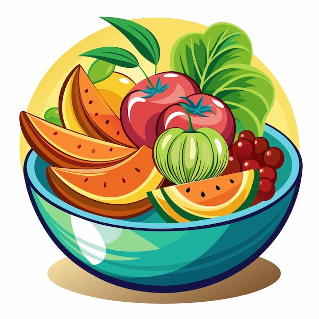 Vector colorful fruit salad in a blue bowl with watermelon tomatoes and grapes