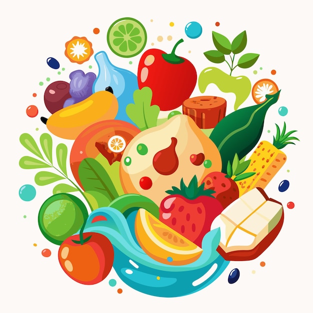 Colorful fruit and vegetables illustration on white background