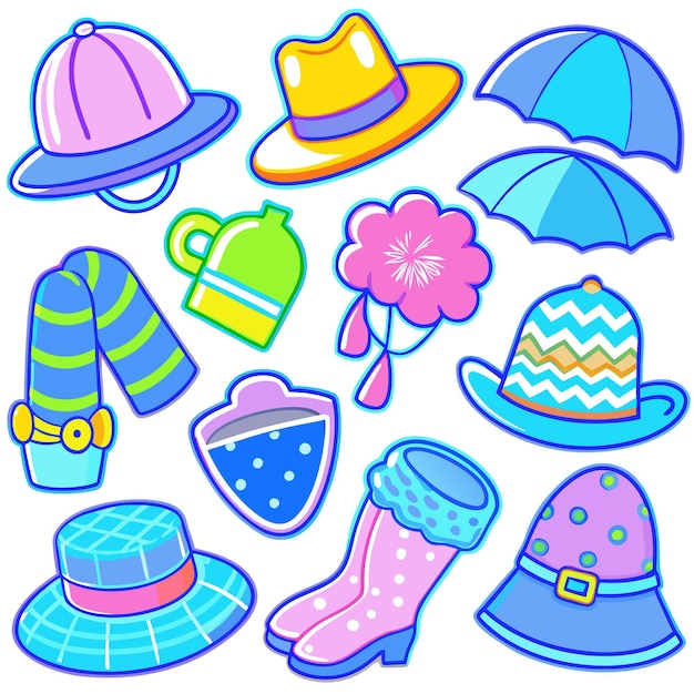 Vector colorful and fun cartoon illustrations of various fashion accessories like hats boots scarf and umbrella