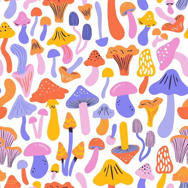 Colorful funky mushrooms seamless pattern