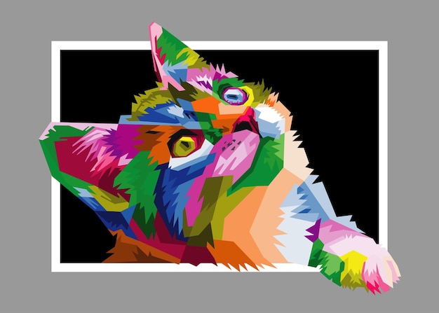 Colorful funny cat on pop art style isolated black backround