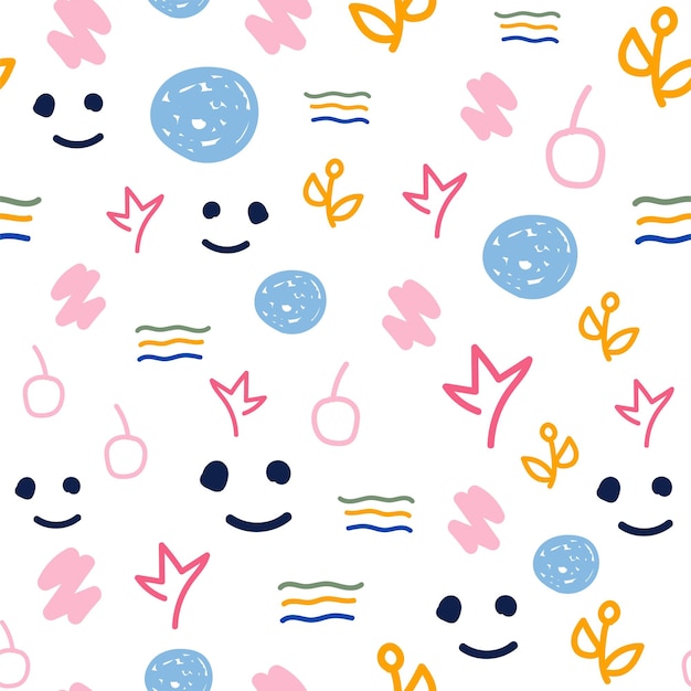 Colorful funny seamless pattern with different cute organic shape in doodles hand drawn style