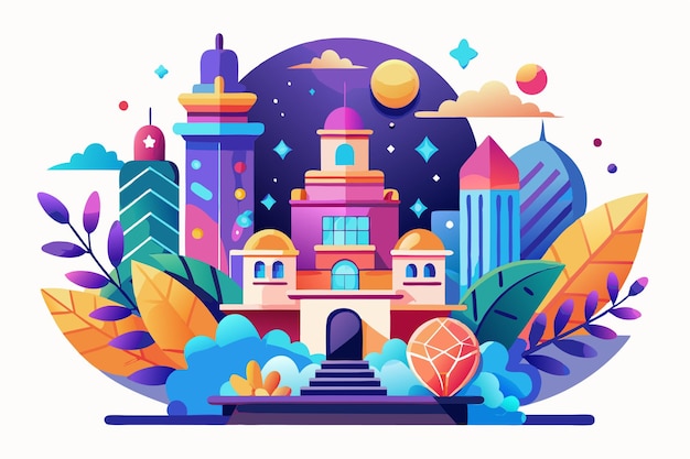 Vector a colorful futuristic cityscape with geometric buildings and lush foliage