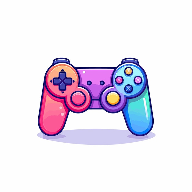 A colorful game controller with a pink and blue color.