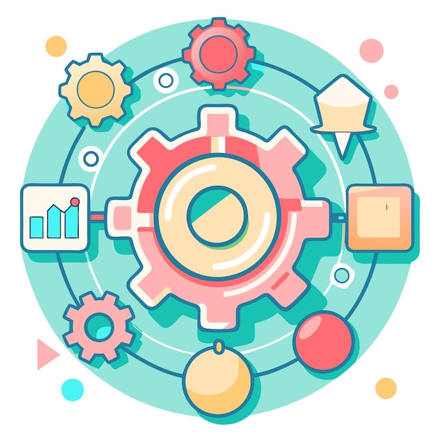 Vector colorful gear with graph ball and chart icons