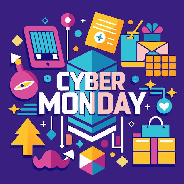 Colorful geometric flat design illustration of Cyber Monday sale with icons of shopping gifts and online purchases