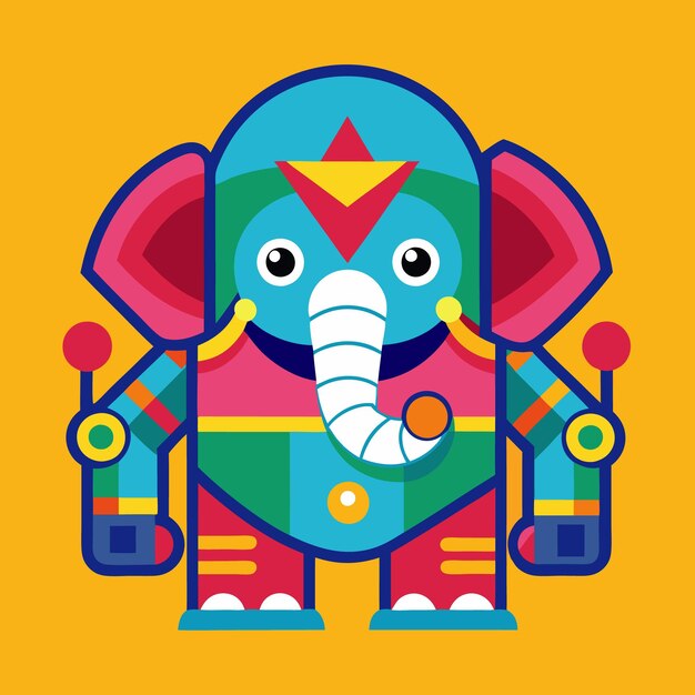 Vector colorful geometric illustration of an elephant with a red triangle on its head a white trunk and large eyes