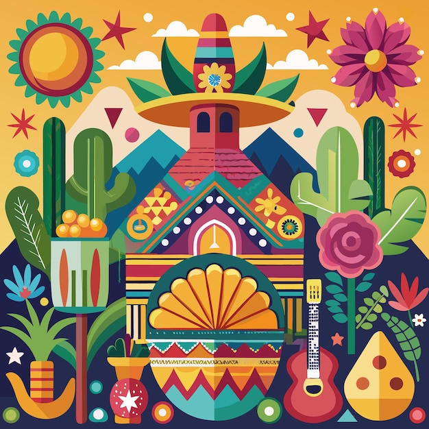 Vector colorful geometric pattern with a traditional mexican house cactus flowers stars guitar and sun