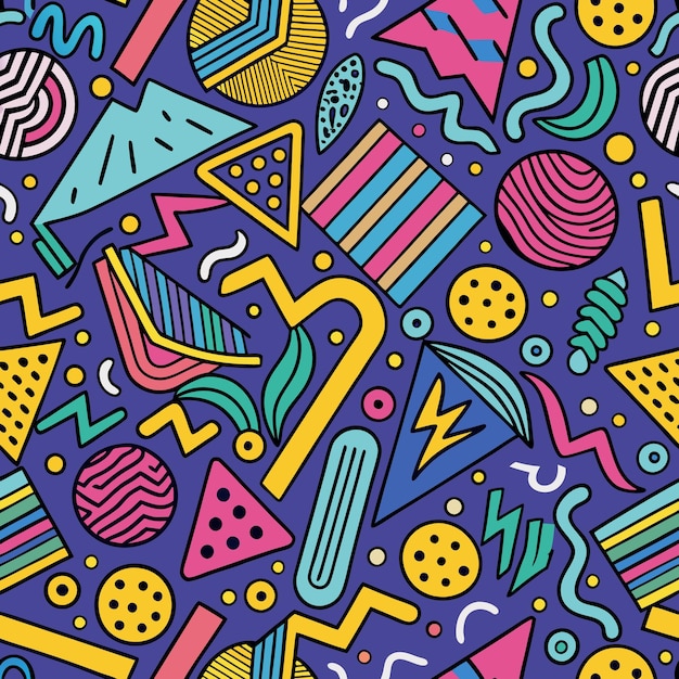 Vector colorful geometric shapes pattern retro 80s 90s style