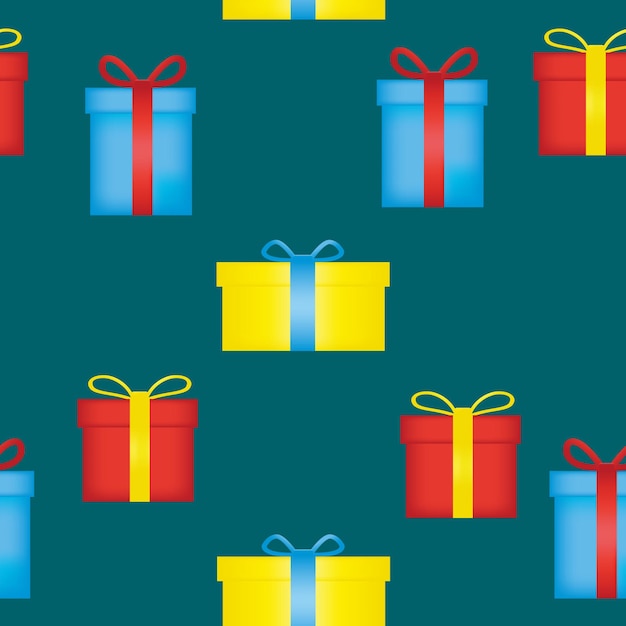 Colorful gift boxes on blue background seamless pattern