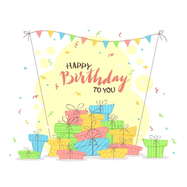 Colorful Gift Boxes with Pennants and Lettering Happy Birthday on Holiday White Background