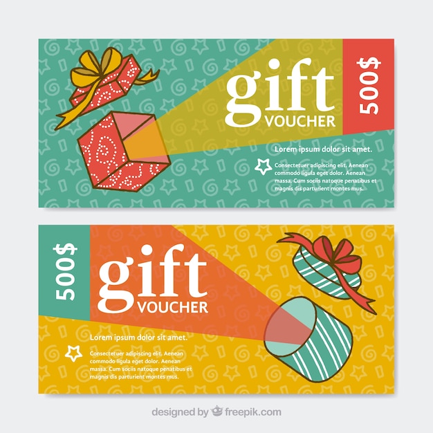 Colorful gift vouchers with gifts in flat design