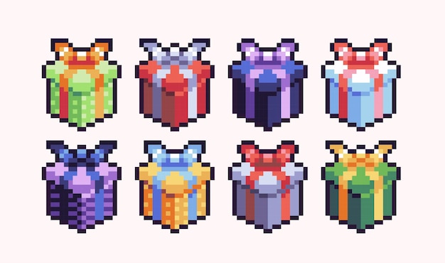 Colorful gifts pixel art set. Surprise package box collection. Wrapped present 8 bit sprite.