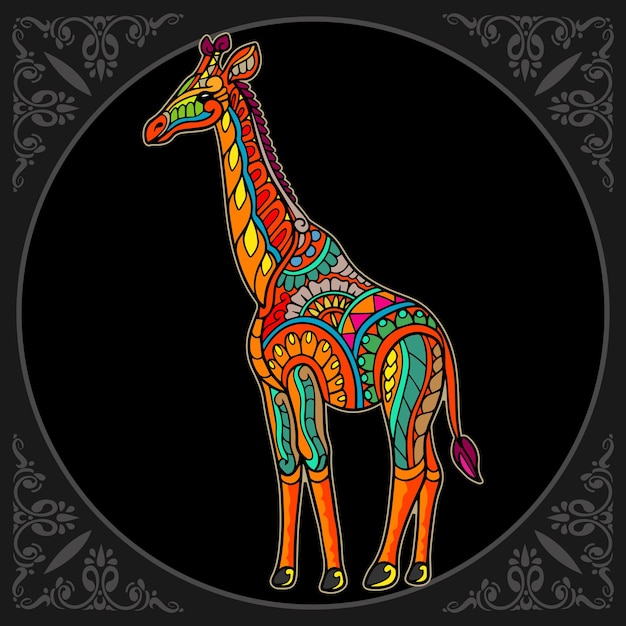 Colorful giraffe zentangle arts isolated on black background