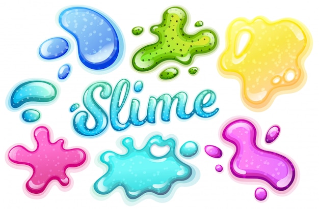 Colorful glitter slime blobs  set. Girly goo stains collection on white background. Fun game for kids