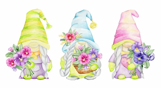 Vector colorful gnomes bouquets flowers in cartoon style watercolor set