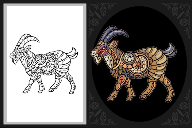 Colorful goat zentangle art with black line sketch isolated on black and white background