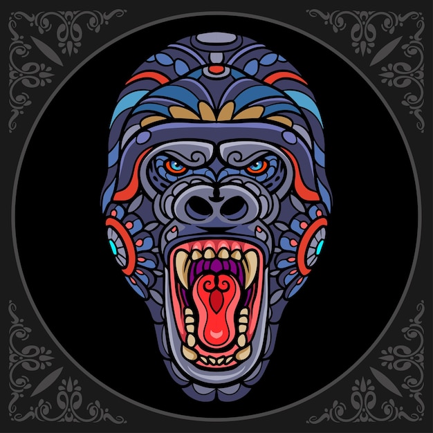 Vector colorful gorilla head zentangle arts isolated on black background